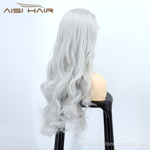 Aisi Hair New Design Vendor Cosplay Curly Long Wavy Body Wave Grey Lace Frontal Synthetic Hair For Black Women Lace Front Wig